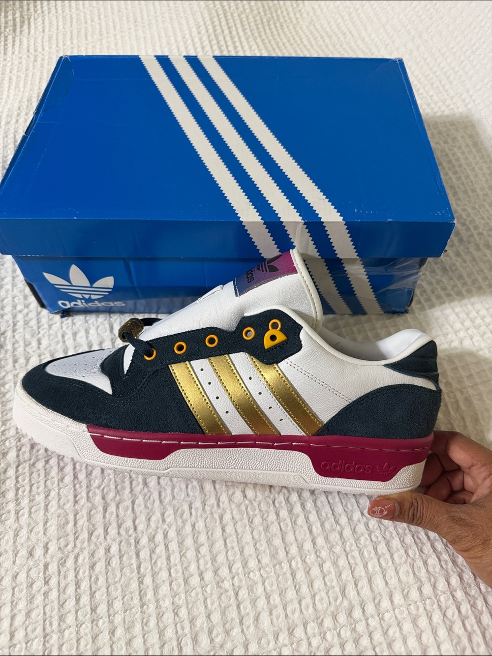 adidas Kids White Navy Gold Burgundy Low-Top Sneakers